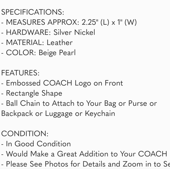 2.25" Medium COACH BEIGE PEARL LEATHER KEY FOB BAG CHARM KEYCHAIN HANGTAG TAG - Picture 5 of 5